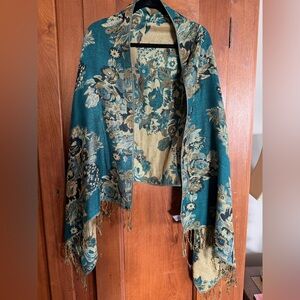 Susan Graver Floral Teal and Gold Reversable Wrap